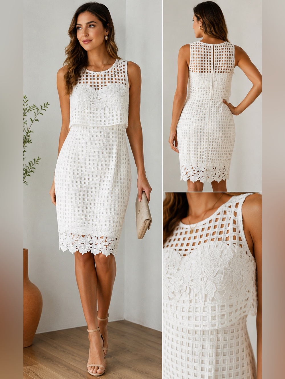 PatBO White Crochet Geometric Lace Sheath Dress Sz 6 Altered - Fits XS